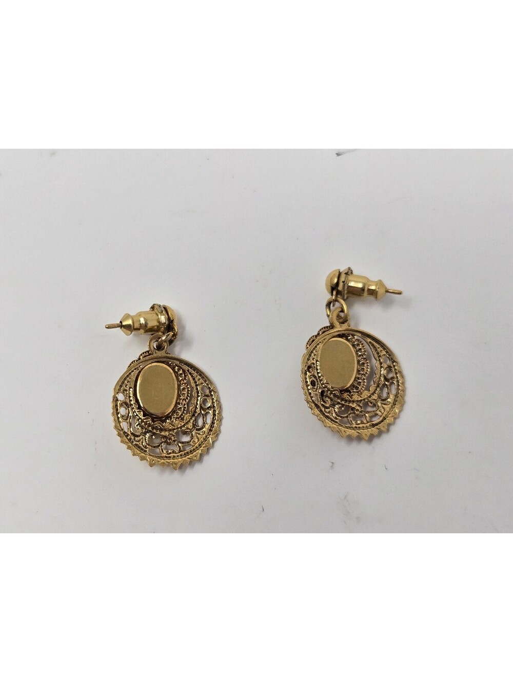 Vintage Gold-Tone Ornate Filigree Dangle Post Earrings with Oval Black Cabochons - Picture 3 of 5